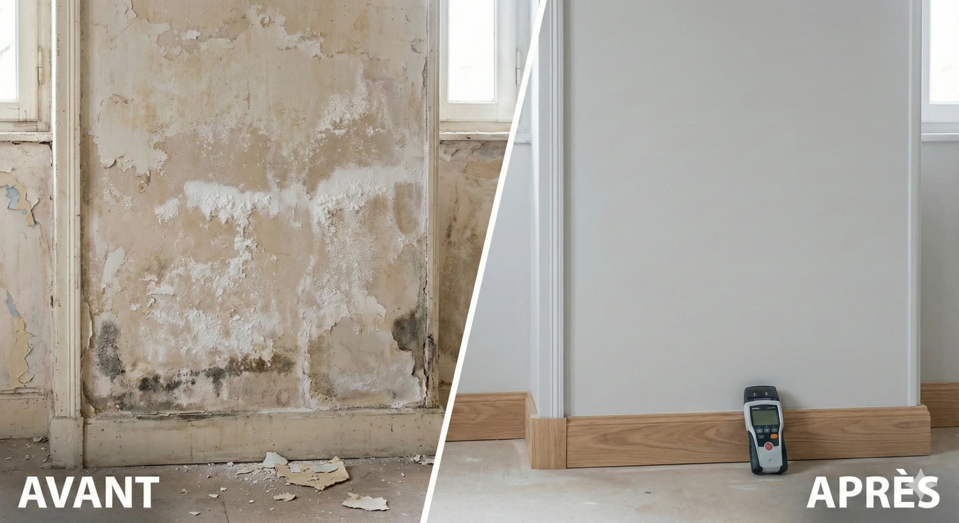 Avant/Après : Mur avec humidité, moisissures et salpêtre transformé en mur sain et rénové - IPB